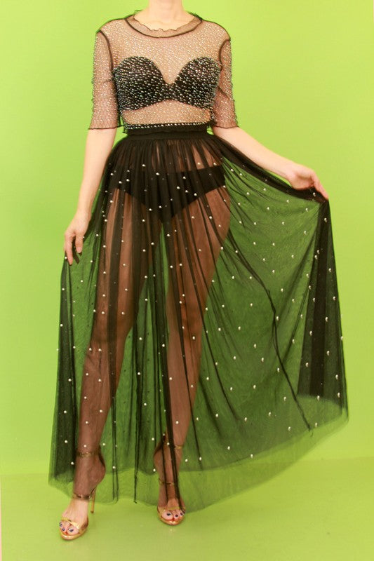 Mesh With Pearl Maxi Skirt