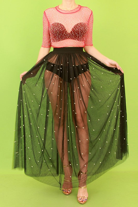 Mesh With Pearl Maxi Skirt