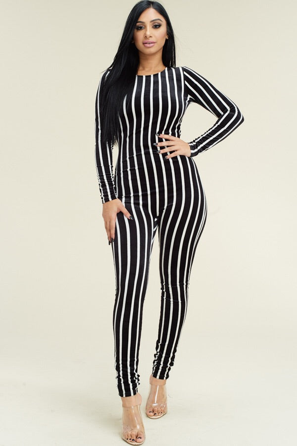 Velvet Stripe Long Sleeve Jumpsuit
